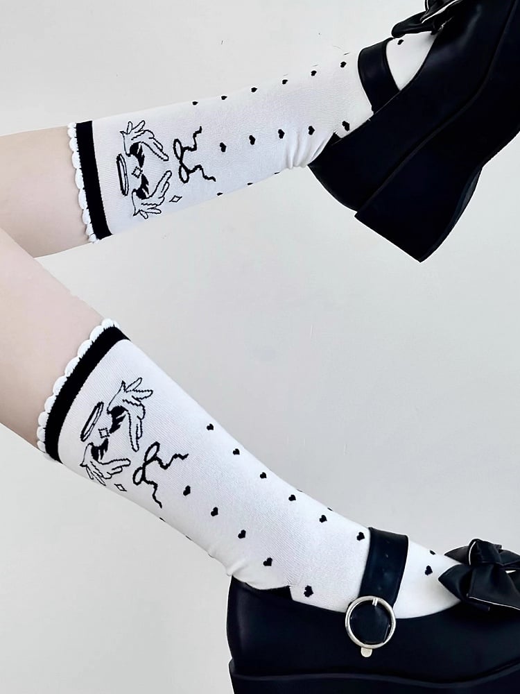 Black Angel Wings Print Lolita Calf Socks