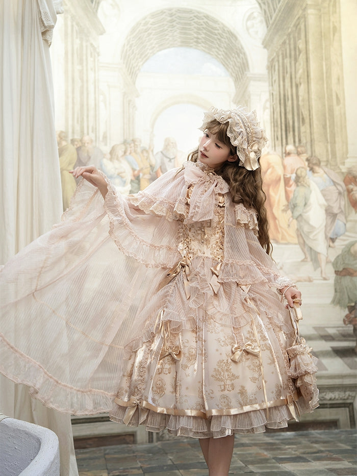 Champagne Self-tie Big Bow Neckline Cloak Cascading Ruffle Trimming