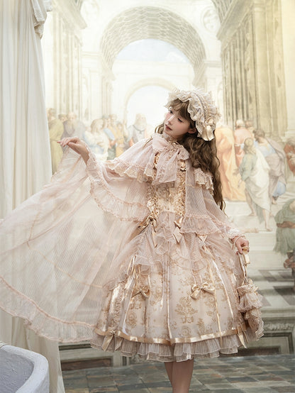 Champagne Self-tie Big Bow Neckline Cloak Cascading Ruffle Trimming