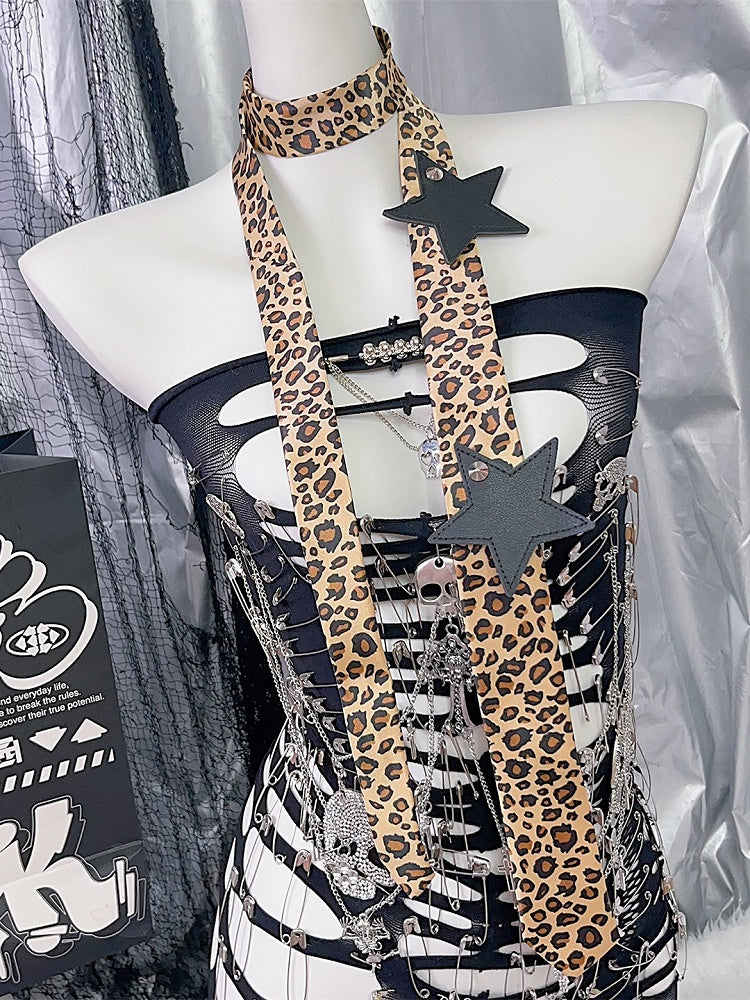 Brown Y2K Star Applique Leopard Pattern Neck Tie