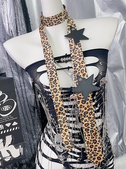 Brown Y2K Star Applique Leopard Pattern Neck Tie