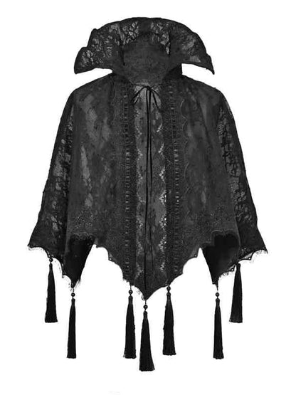Black Goth Vampire Stand Collar Lace Shawl Cape Tassels Hem