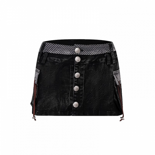 Black Low Rise Silver-tone Buttons Distressed Design Mini Denim Skirt