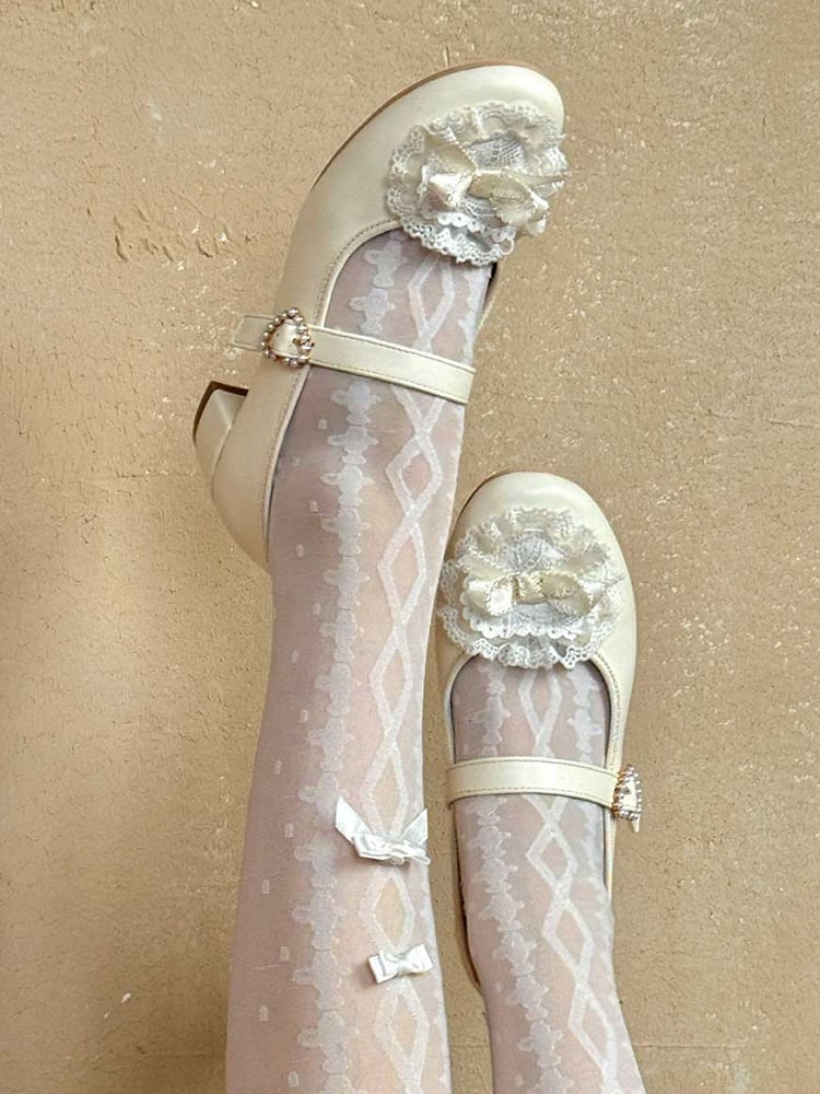 Yellow Bow at Top Lace Trim Beaded Heart Buckles Lolita Shoes