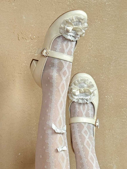 Yellow Bow at Top Lace Trim Beaded Heart Buckles Lolita Shoes