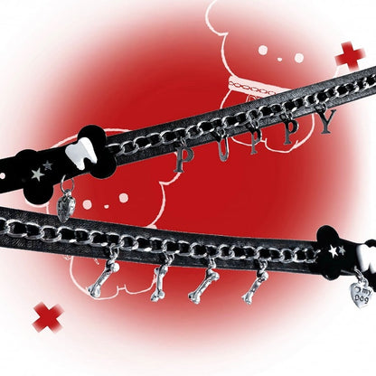 Punk Black Puppy Bracelet With Bone Charms