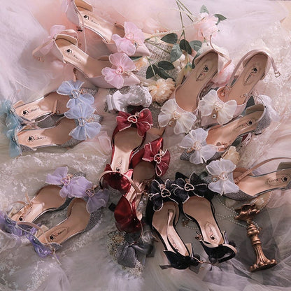 Silver & Light Blue Beaded Bowknot Accents Pointed Toe Hime Lolita Middle Heels