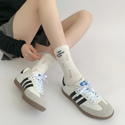 Letters Embroidery Distressed Holes Socks White/Black/Gray/Khaki