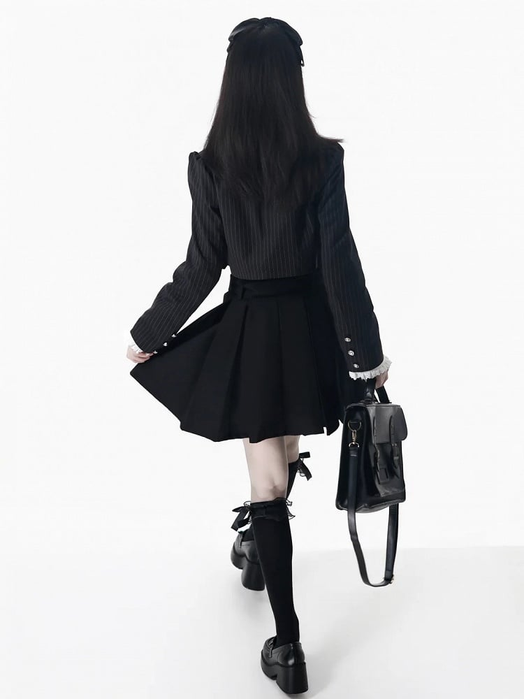 Black/Gray Adjustable Strap Box Pleat Overall Skirt with Belt