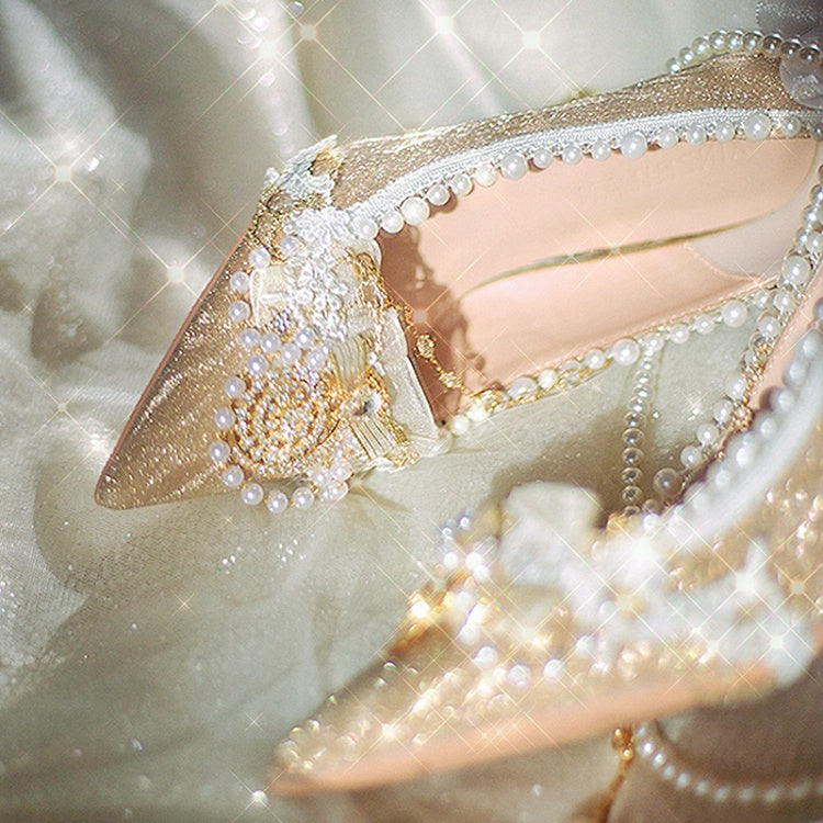 Gold Beaded Chain Bow Accents 5CM/7CM/9CM Glittering Hime Lolita Heels