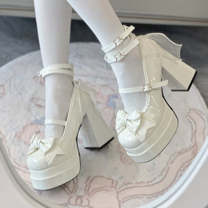 11CM Polished White Bow at Top Sweet Lolita Platform High Heels