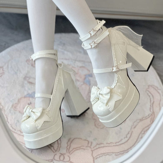 11CM Polished White Bow at Top Sweet Lolita Platform High Heels