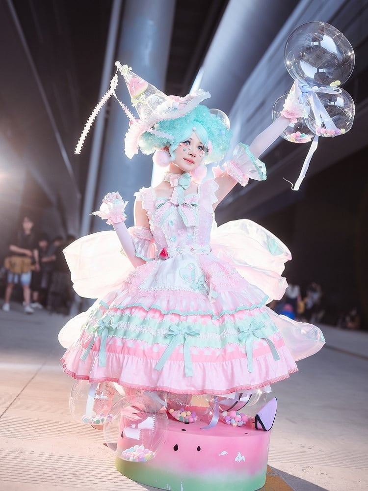 Pink and Green Watermelon Cake Bow Accents Tiered Skirt Sweet Lolita JSK Full Set