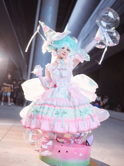 Pink and Green Watermelon Cake Bow Accents Tiered Skirt Sweet Lolita JSK Full Set