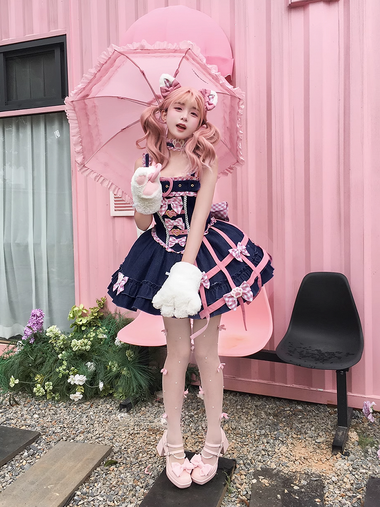 Y2K Pink Plaid Bowknots Birdcage Design Blue Denim Sweet Lolita Dress Jumper Skirt