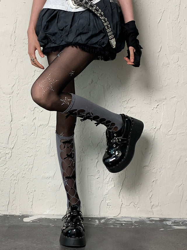 Gray Y2K Bowknot Details Cut-out Design Underknee Stockings