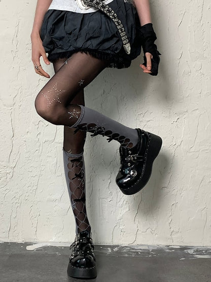 Black Y2K Rhinestone Star Decorated Tights
