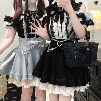 Jirai Kei Black/White/Red/Light Blue Open Shoulder Sweetheart Buttons Lace Trim Blouse