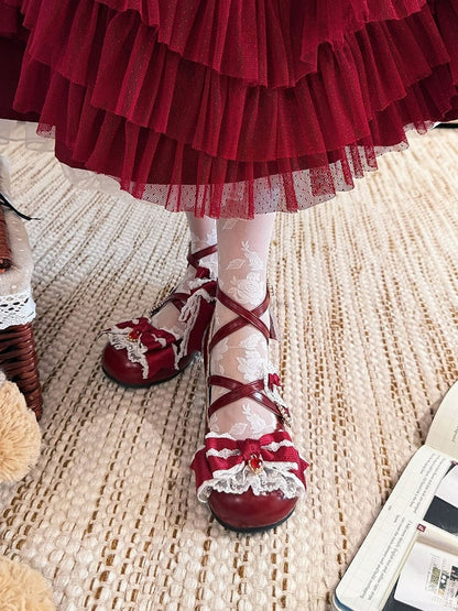 Red Sweet Lolita Bowknot Details Crisscross Design Heart Buckle Straps 2CM/5CM Block Heels Shoes