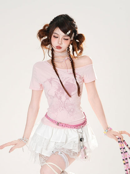 Asymmetrical Neckline Butterfly Print White/Pink Slim-fitting T-shirt