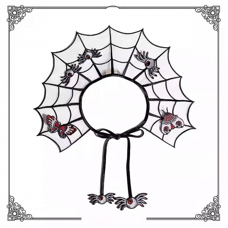 Black and Red Spider Web Embroidery Organza Fake Collar with Detachable Butterfly and Moth Brooch