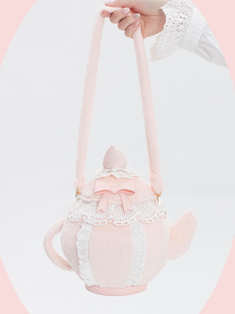 Pink Sweet Lolita Bowknot And Strawberry Decorated Lace Trim Plush Teapot Hand/Crossbody Bag