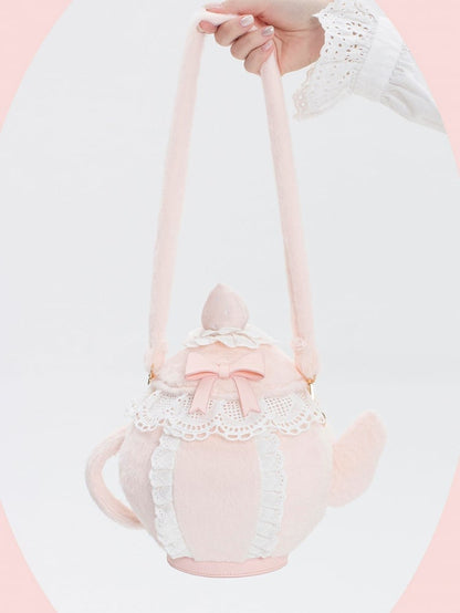 Pink Sweet Lolita Bowknot And Strawberry Decorated Lace Trim Plush Teapot Hand/Crossbody Bag
