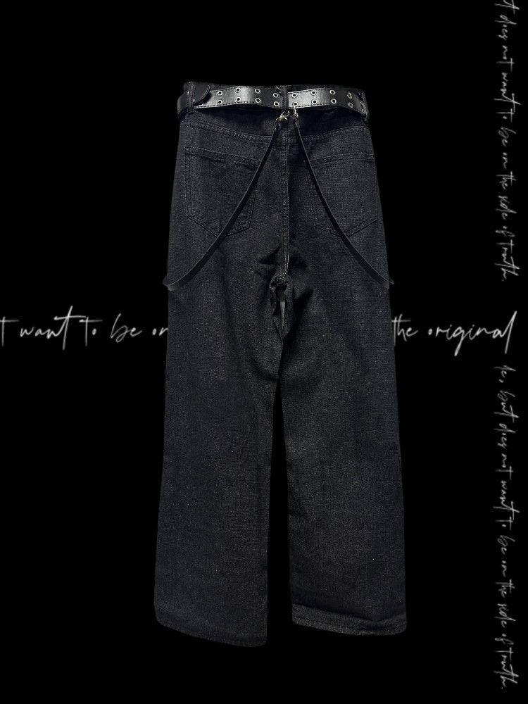 Y2K Black Cross Appliques Criss-cross Straps Distressed Holes Glamorous Jeans