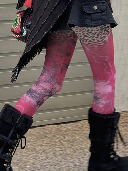 Red 100D/20D Star Leopard Print Lace Trim Tights