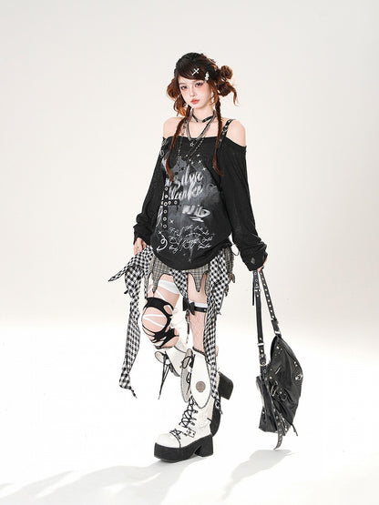 Off-the-shoulder Neckline Criss-cross Design Drawstring Sleeves Black Loose Coverup