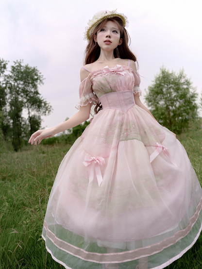 Oil Painting Water Lily Print Basque Waist Light Pink Dress with Organza Overlay