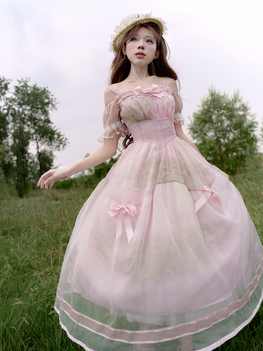 Oil Painting Water Lily Print Basque Waist Light Pink Dress with Organza Overlay