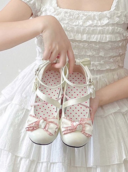 White and Pink Bow at Top 3cm Heel Sweet Round Toe Mary Janes