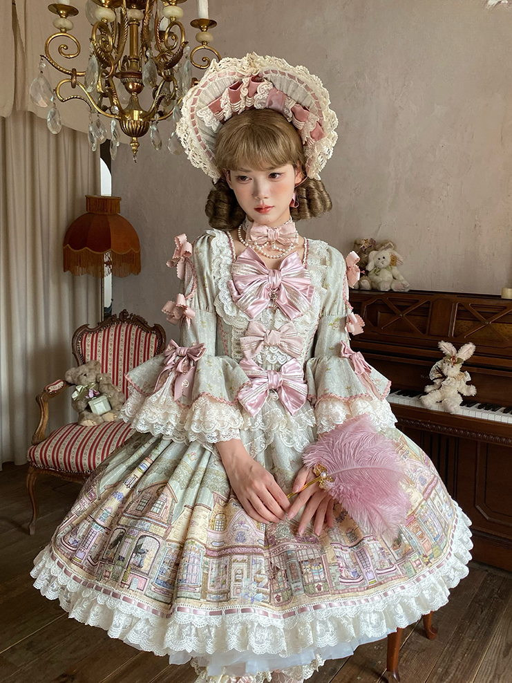 Fairytale Town Theme Green Square Neckline Sweet Lolita Dress with Bow Accents