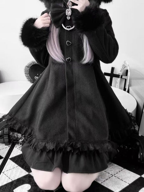 Jirai Kei Black A-Line Coat with Detachable Bunny Hood | Plush Ears & Cuffs | Wool Blend