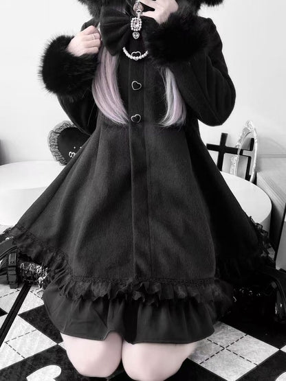 Jirai Kei Black A-Line Coat with Detachable Bunny Hood | Plush Ears & Cuffs | Wool Blend