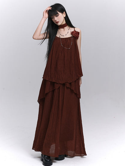 Wine Red Floral Embellished Cami Top with Scarf / Elastic Waist Skirt