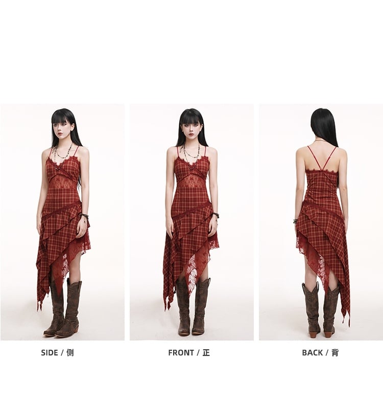 Red Plaid V-neck Handkerchief Hem Cutout Midriff Cami Dress