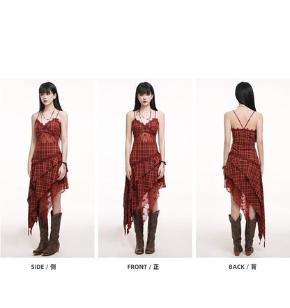 Red Plaid V-neck Handkerchief Hem Cutout Midriff Cami Dress