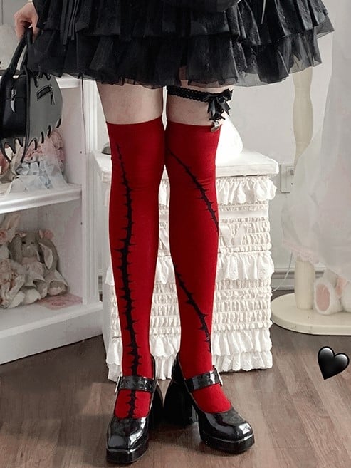 Black Bramble Pattern Red Gothic Lolita Overknee Stockings