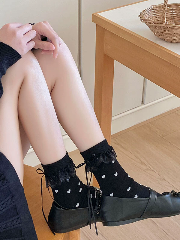 Black/White/Yellow/Gray Heart Print Bowknot Details Lace Ruffled Cuffs Calf Socks