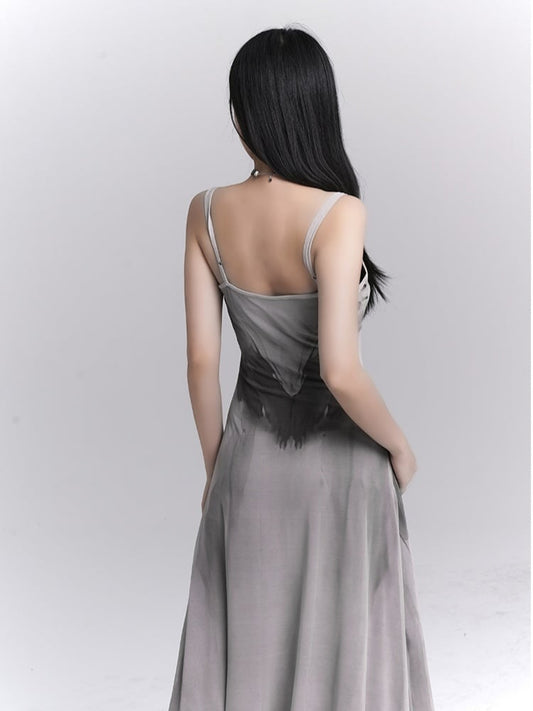 Gothic Gray Butterfly Print Slim-fitting Slip Dress