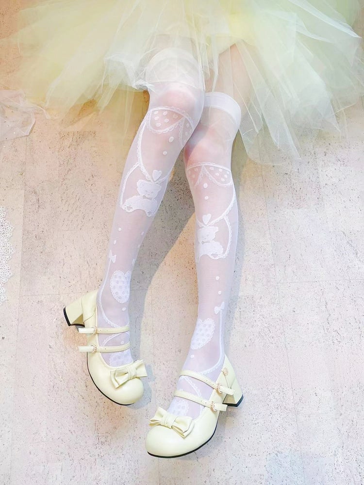 White/Black Teddy Bear and Heart Pattern Over Knee Stockings