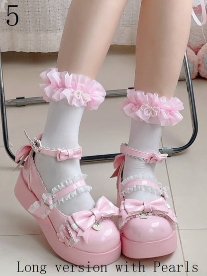 9 Options Black/White Lace Ruffled Cuffs Calf Socks With Pearls