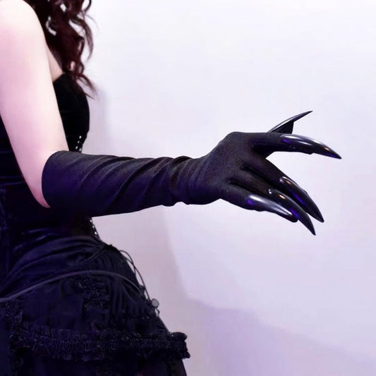 Gothic Punk Black Halloween Gloves with Nails