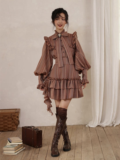 Reddish Brown Striped Pattern Vintage Bishop Sleeves Ruffle Trim Blouse