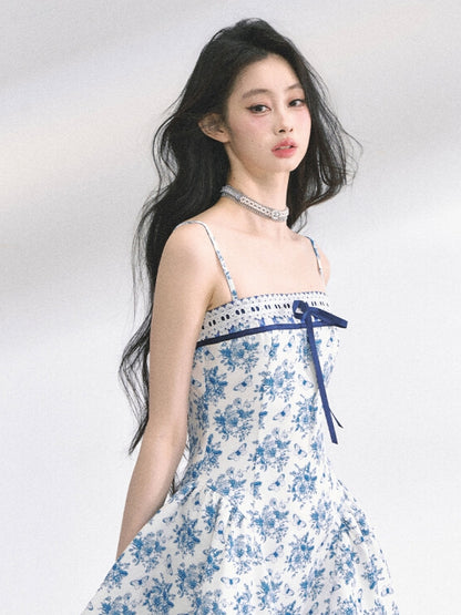 Blue Butterfly and Floral Print Self-tie Neckline Mini Slip Dress