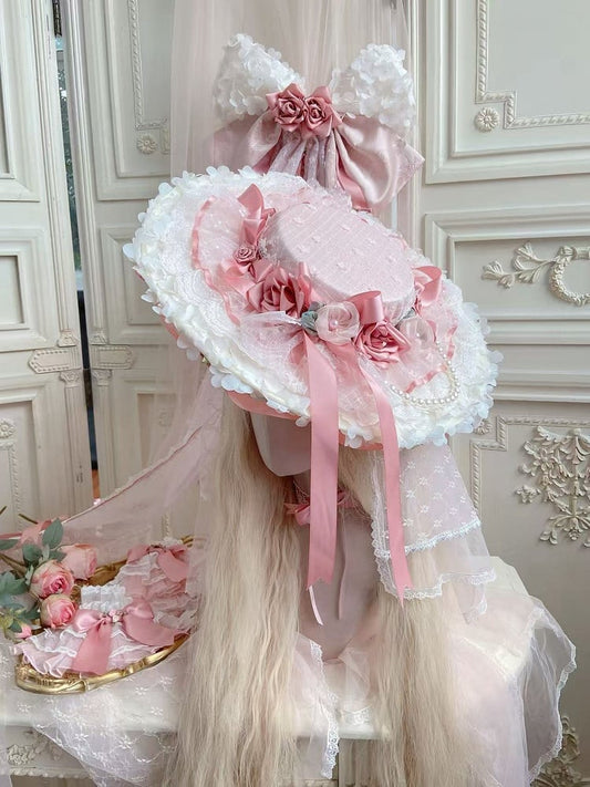 Pink Hanayome Lolita Large Hat with Rose Accents and Veil