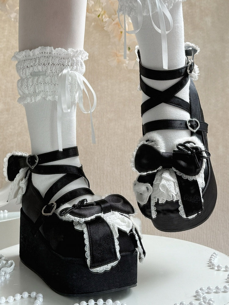 Plush Bear Ear Details, Bow Accents & Crisscross Design Satin Black Platform Shoes in Sweet Lolita