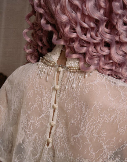 Light Cream Bead Tassels High Collar Victorian Lace Shawl Cape